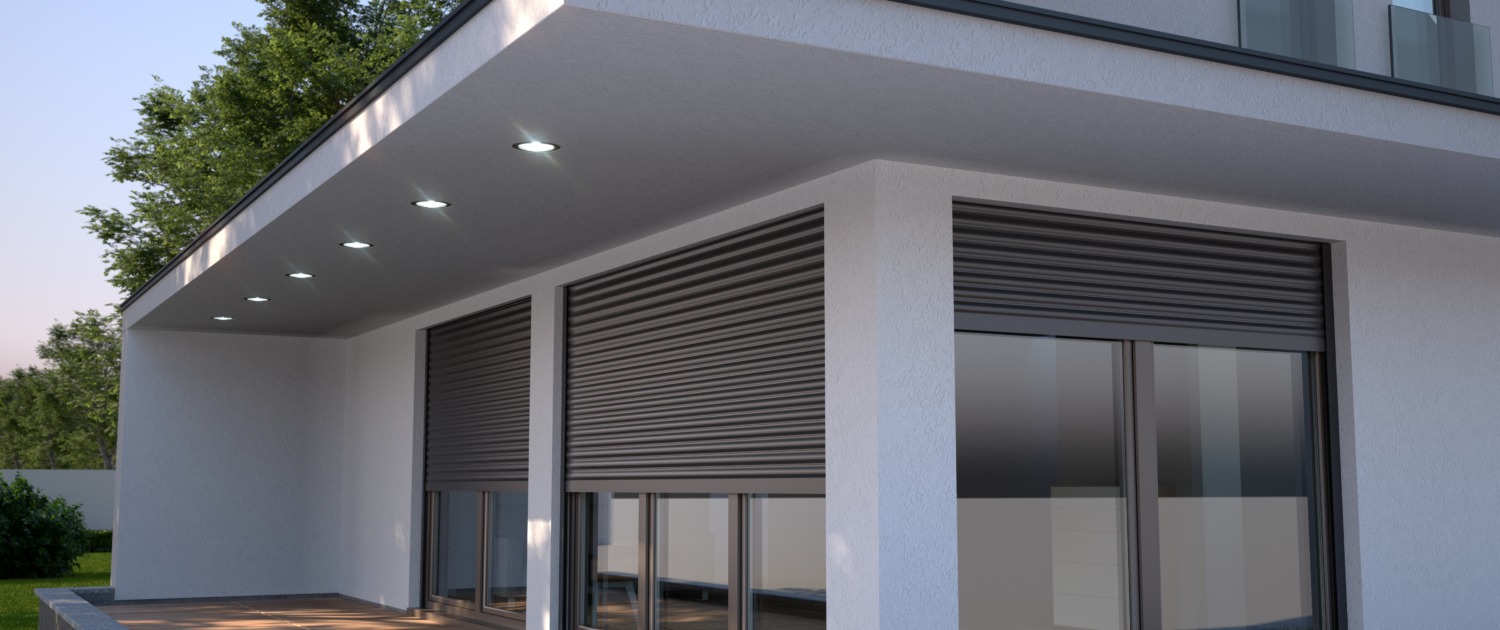 Window roller illustration - modern house with terrace, 3D illustration